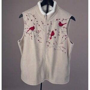 Croft & Barrow Cardinal Embroidered Fleece Vest Women PL Beige Full Zip Sherpa